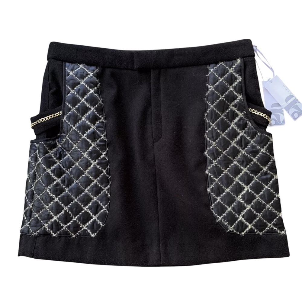 2B Rych Metallic Quilted Chain Cocktail Mini Skirt Black Gold Size 10
